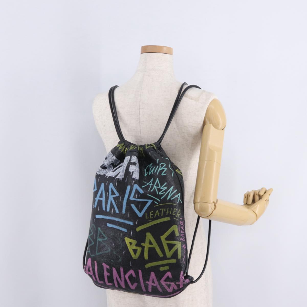 Balenciaga Graffiti Bazaar Drawstring Bag Leather Black 581779 Auth 211220V