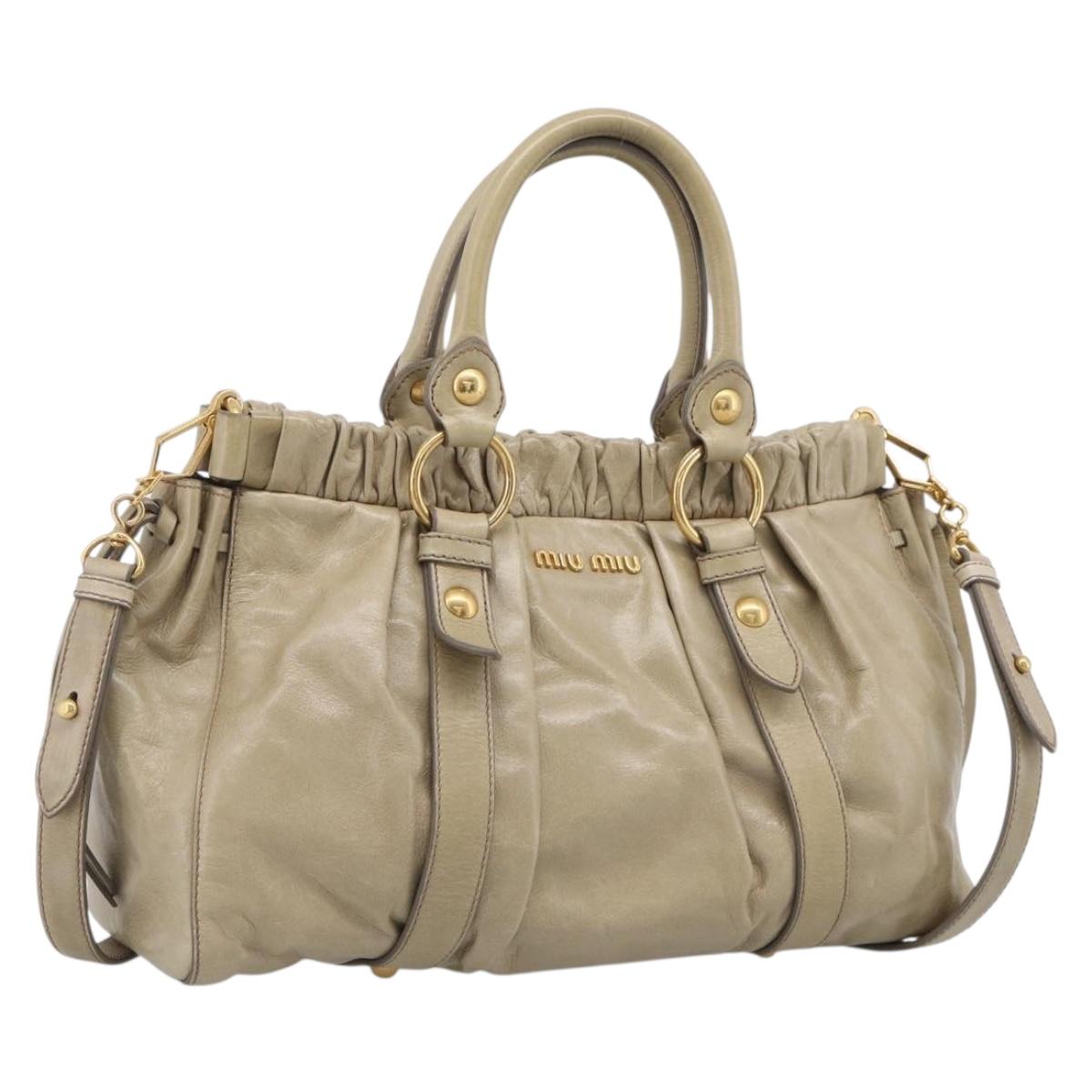 Miu Miu Vitellolux Hand Bag Leather 2way Beige Gold Tone Auth 211229V