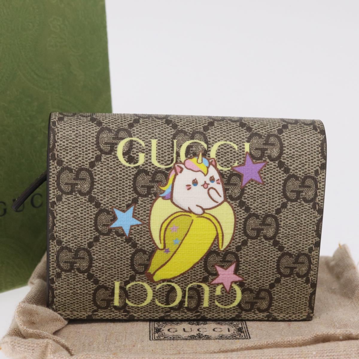 GUCCI GG Supreme Compact Bifold Wallet PVC BNF Beige Yellow 701009 Auth 211252M