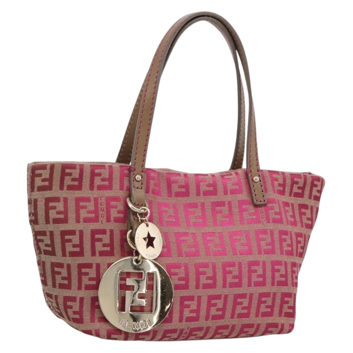 FENDI Zucchino Canvas Hand Bag Pink Gold Auth 211281V