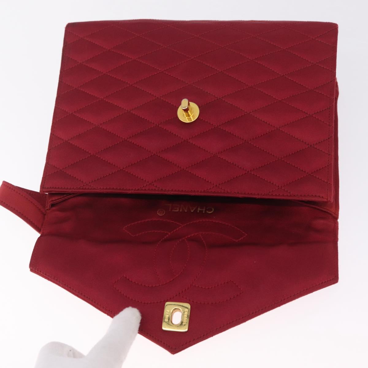 CHANEL Matelasse Hand Bag Satin Red Gold CC Auth 211302A