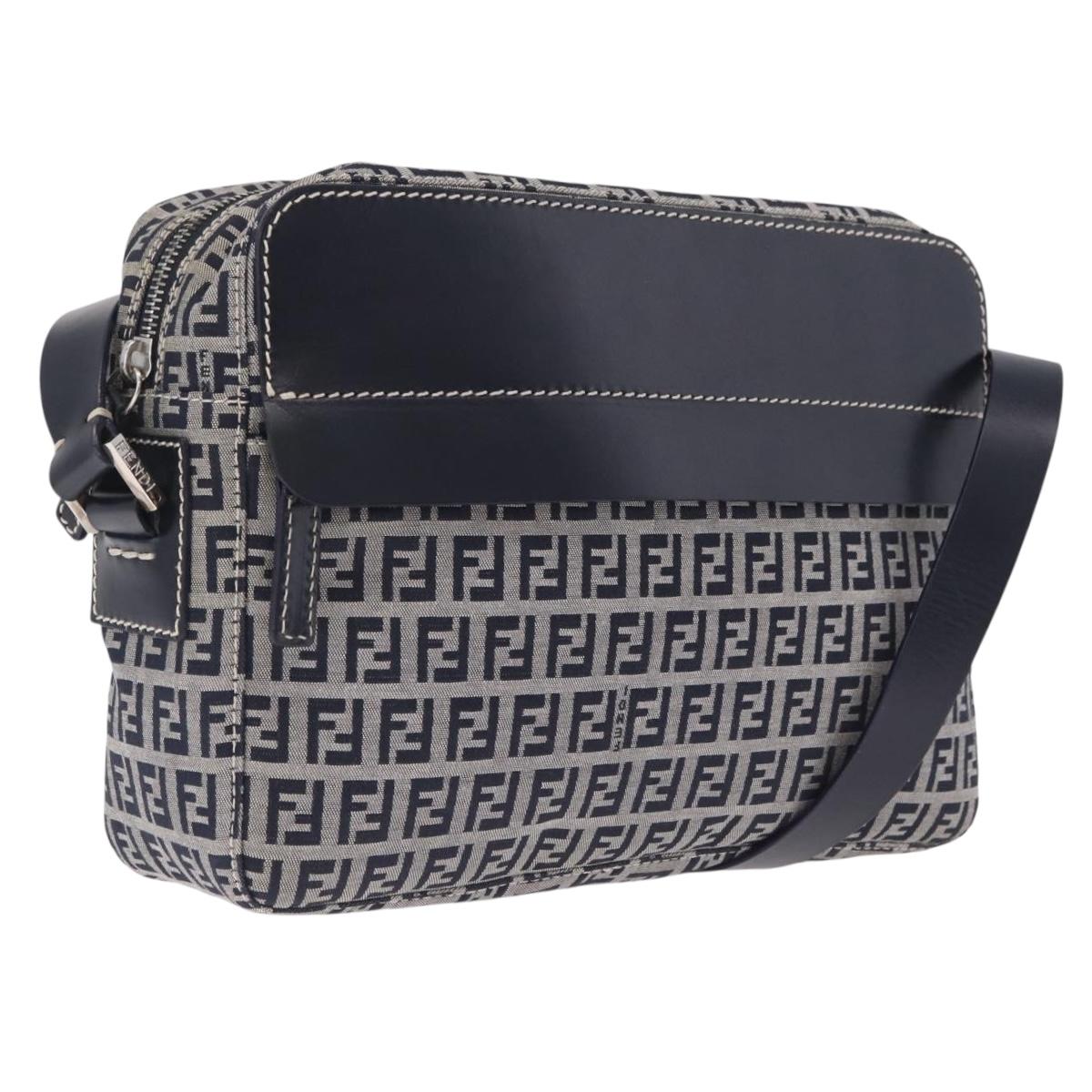 FENDI Zucchino Canvas Shoulder Bag Navy Silver Auth 211304V