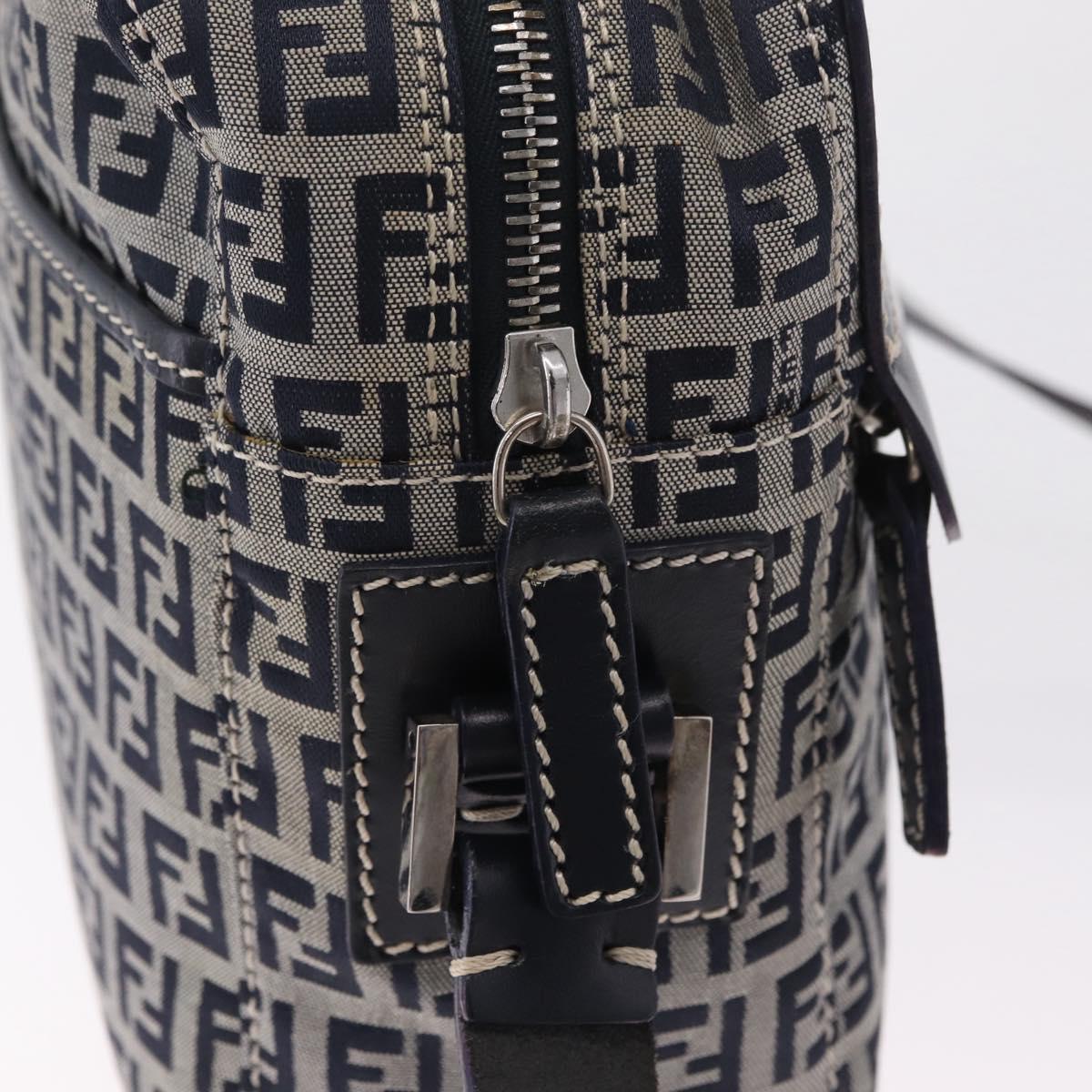 FENDI Zucchino Canvas Shoulder Bag Navy Silver Auth 211304V