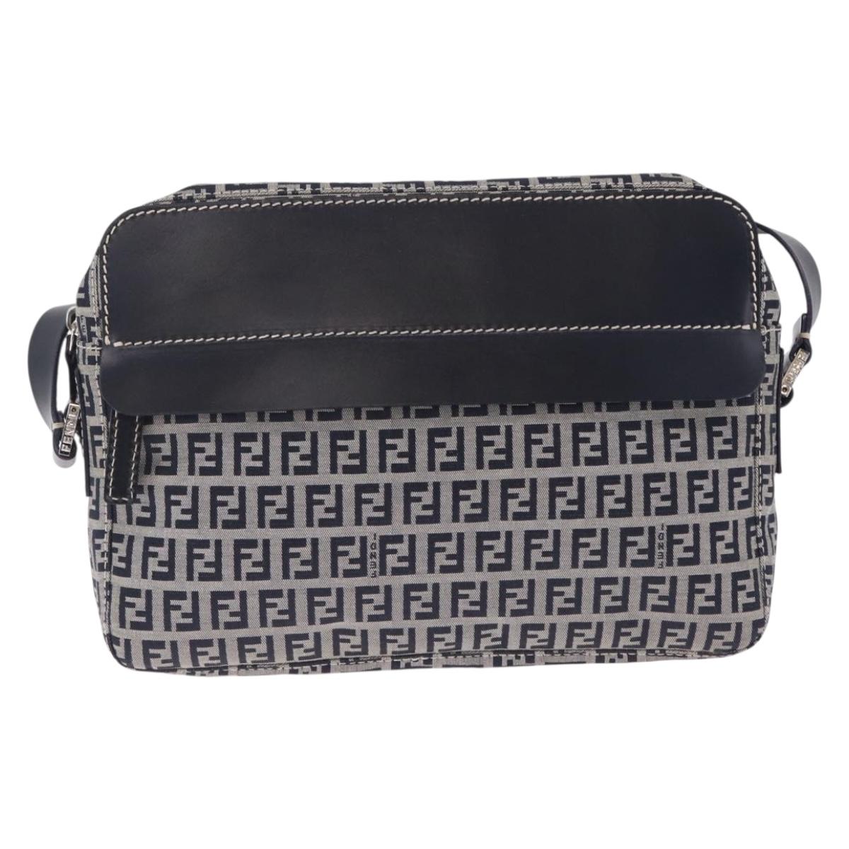 FENDI Zucchino Canvas Shoulder Bag Navy Silver Auth 211304V