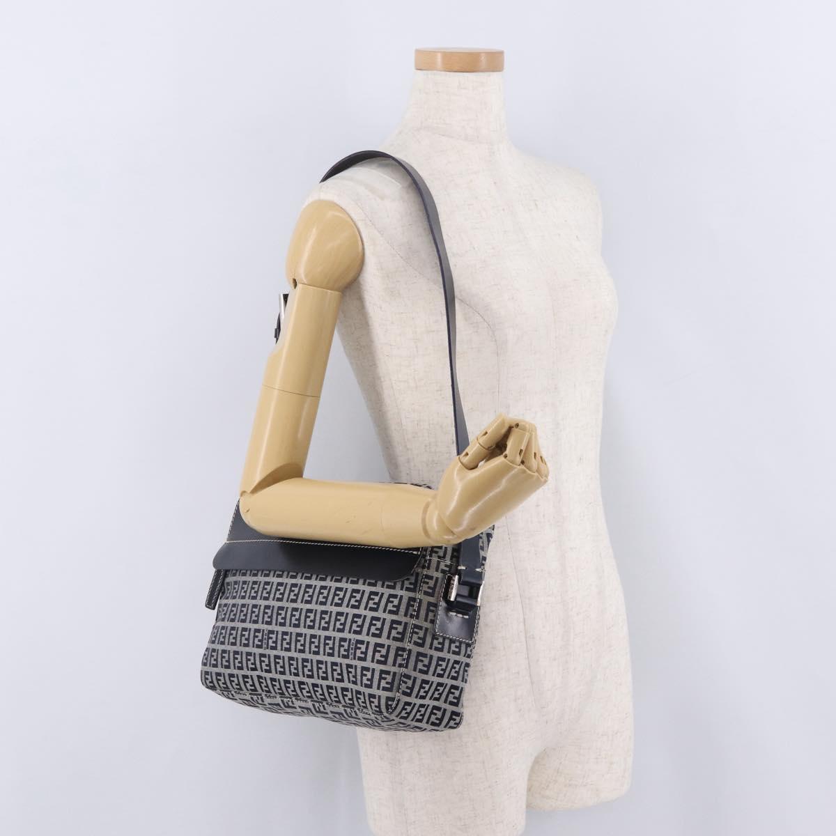 FENDI Zucchino Canvas Shoulder Bag Navy Silver Auth 211304V