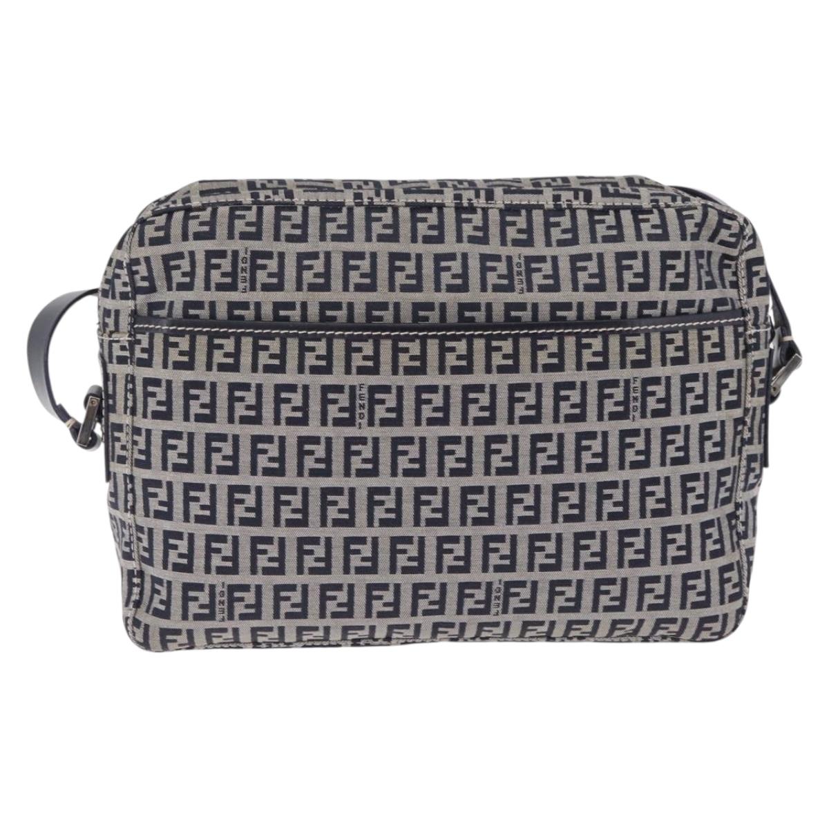 FENDI Zucchino Canvas Shoulder Bag Navy Silver Auth 211304V