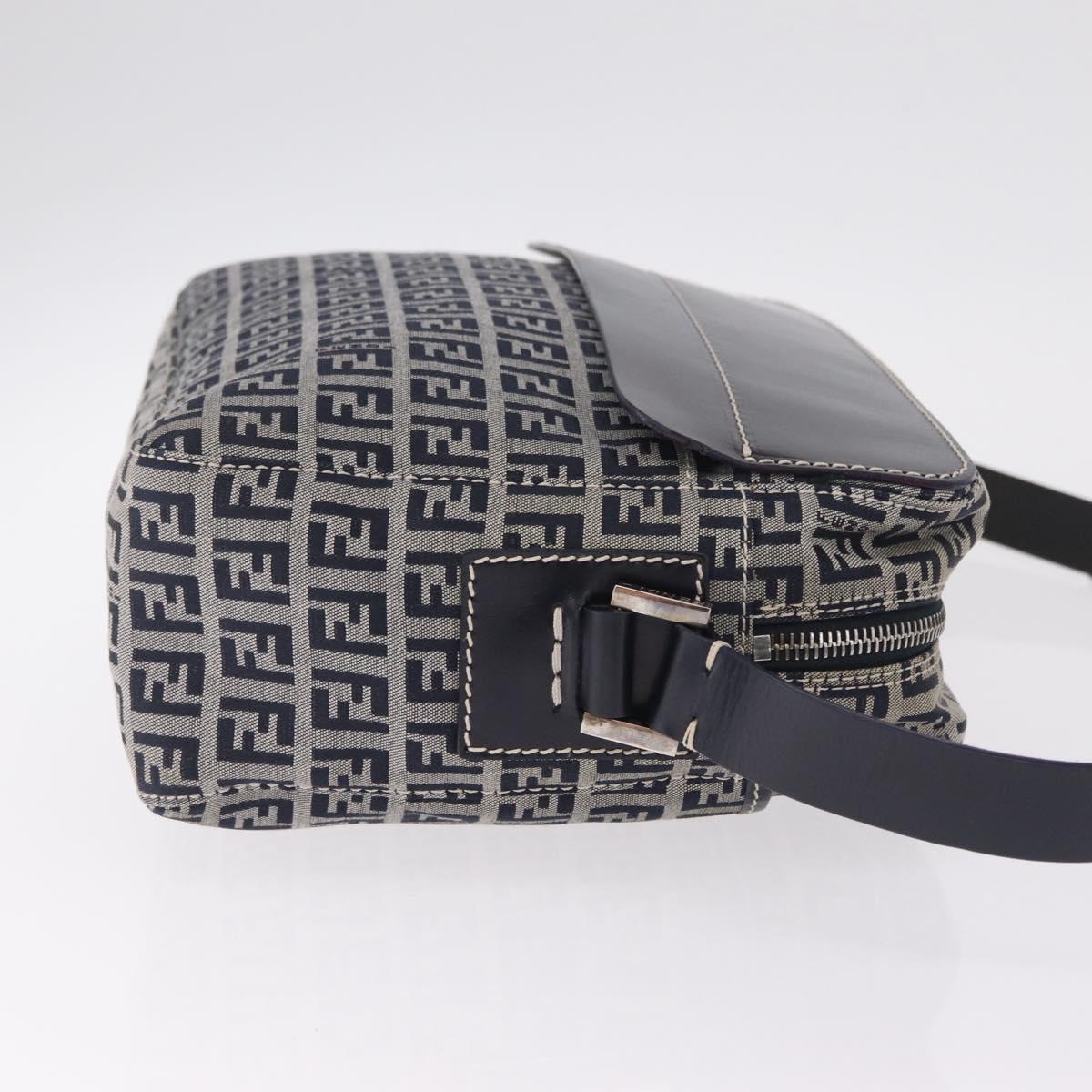 FENDI Zucchino Canvas Shoulder Bag Navy Silver Auth 211304V