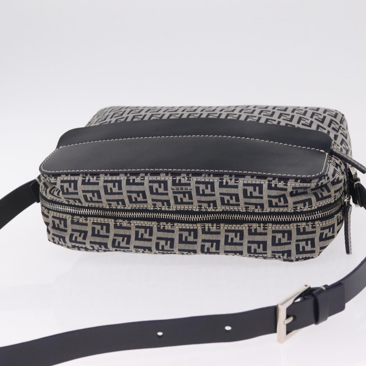FENDI Zucchino Canvas Shoulder Bag Navy Silver Auth 211304V