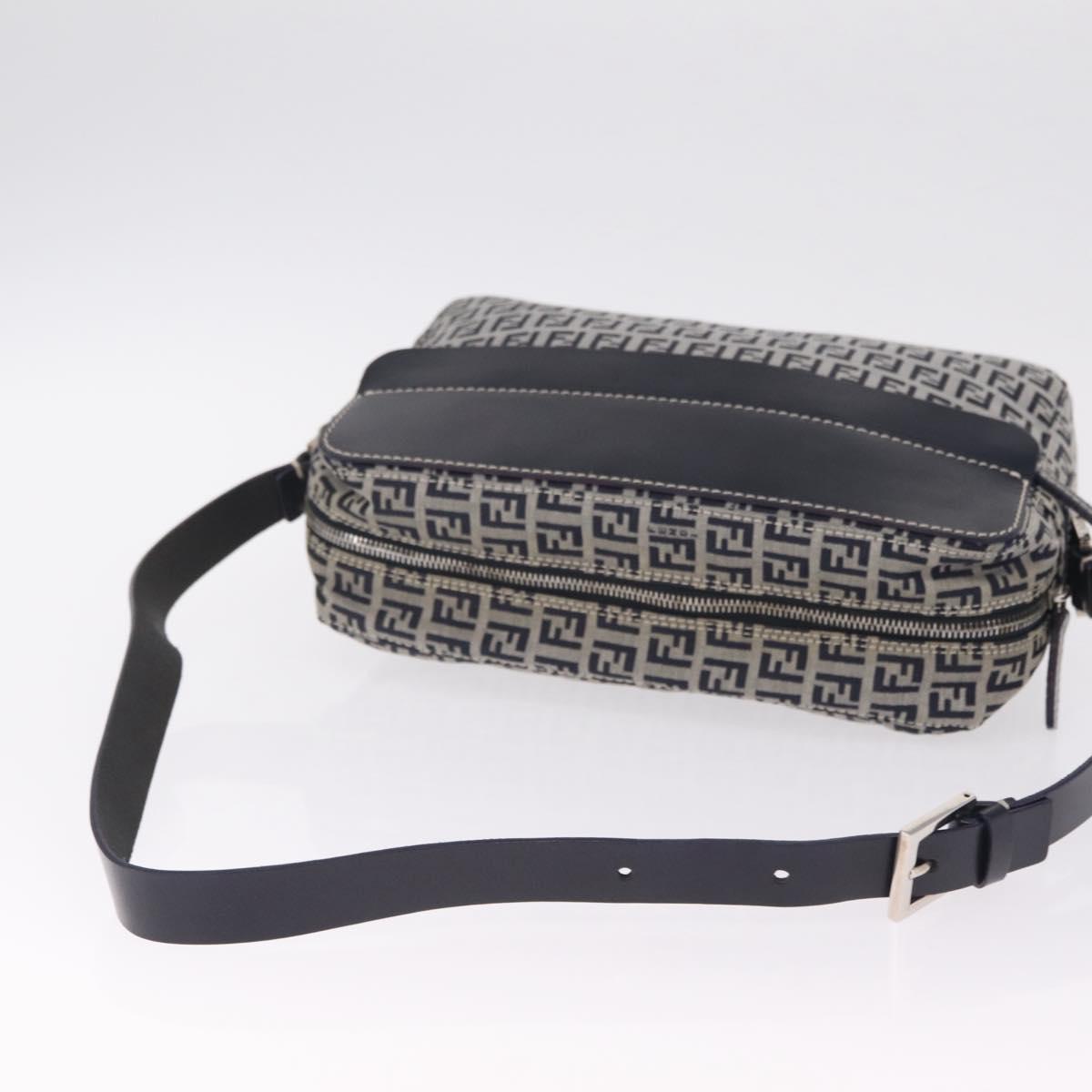 FENDI Zucchino Canvas Shoulder Bag Navy Silver Auth 211304V