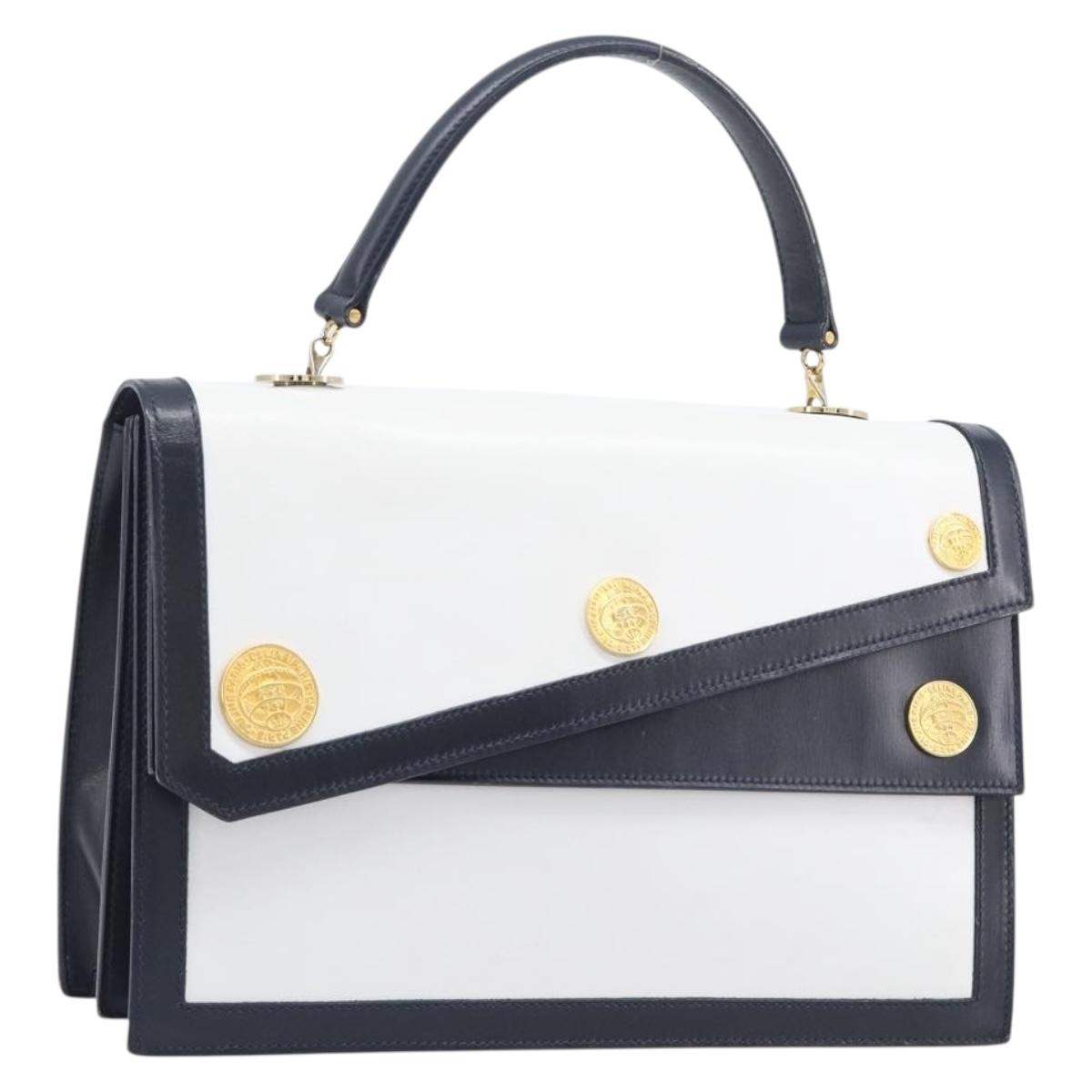 CELINE Medallion Hand Bag Leather White Gold Auth 211306V