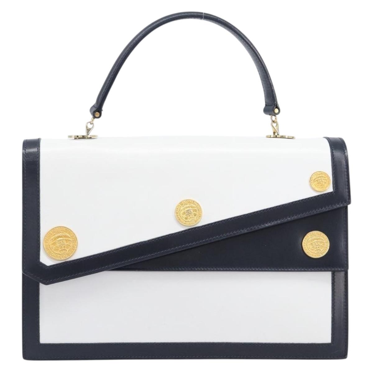 CELINE Medallion Hand Bag Leather White Gold Auth 211306V
