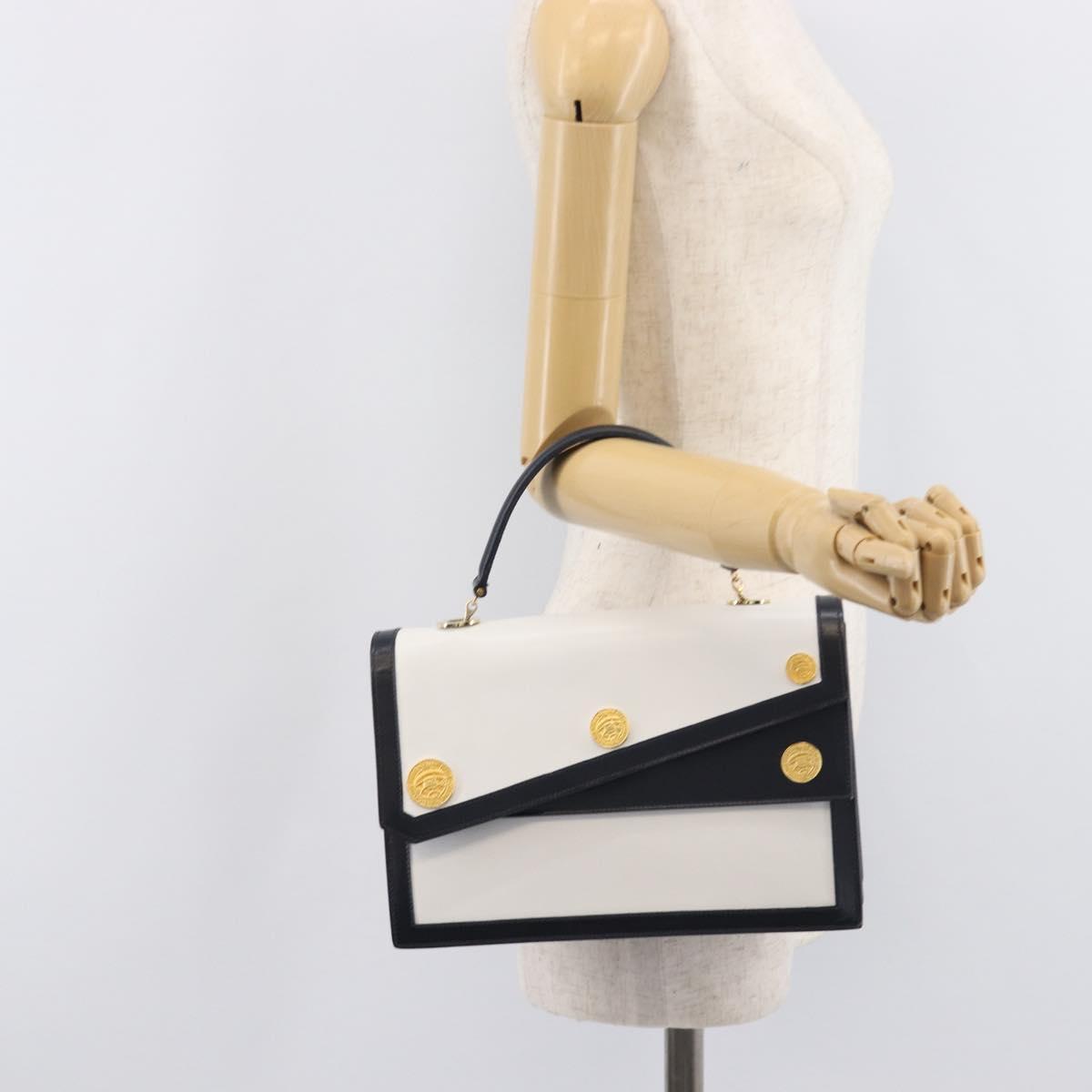 CELINE Medallion Hand Bag Leather White Gold Auth 211306V