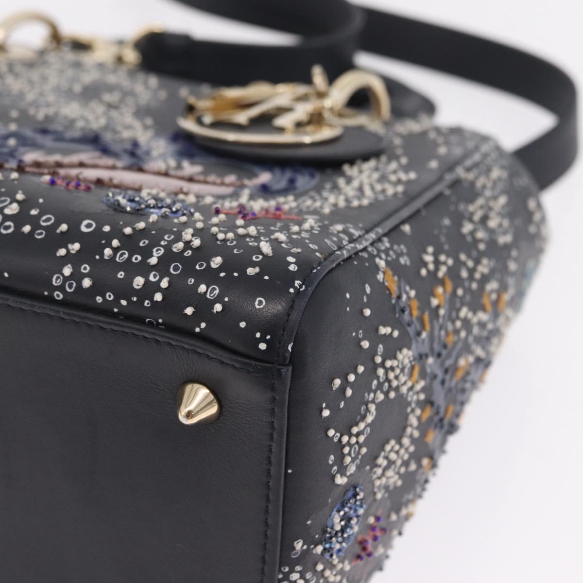 Christian Dior Lady Dior Hand Bag Leather 2way Black Gold Auth 211318SM
