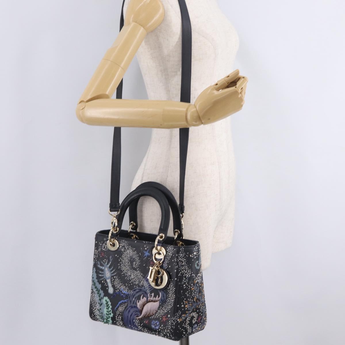 Christian Dior Lady Dior Hand Bag Leather 2way Black Gold Auth 211318SM