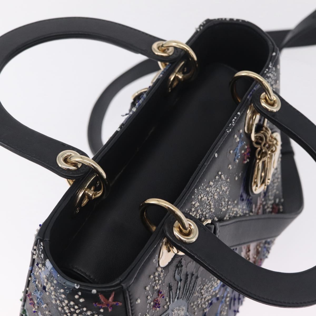Christian Dior Lady Dior Hand Bag Leather 2way Black Gold Auth 211318SM