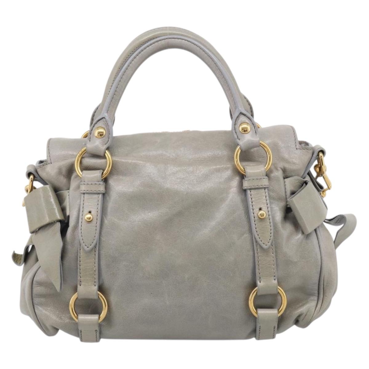 Miu Miu Vitellolux Hand Bag Leather 2way Gray Gold Tone Auth 211327V