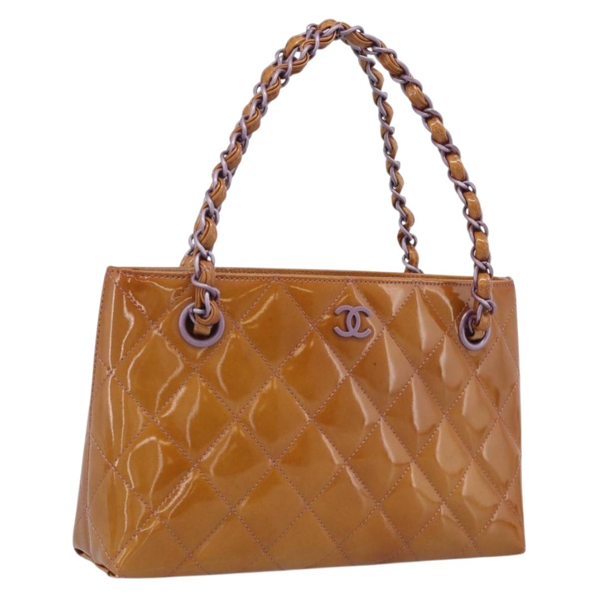 CHANEL Matelasse Chain Hand Bag Patent leather Beige Purple CC Auth 211338A
