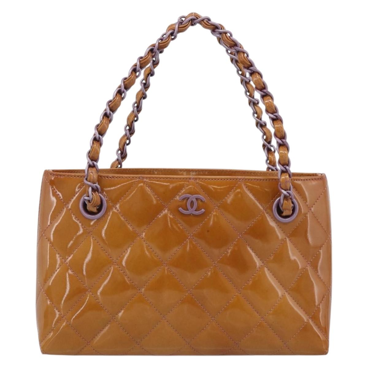 CHANEL Matelasse Chain Hand Bag Patent leather Beige Purple CC Auth 211338A