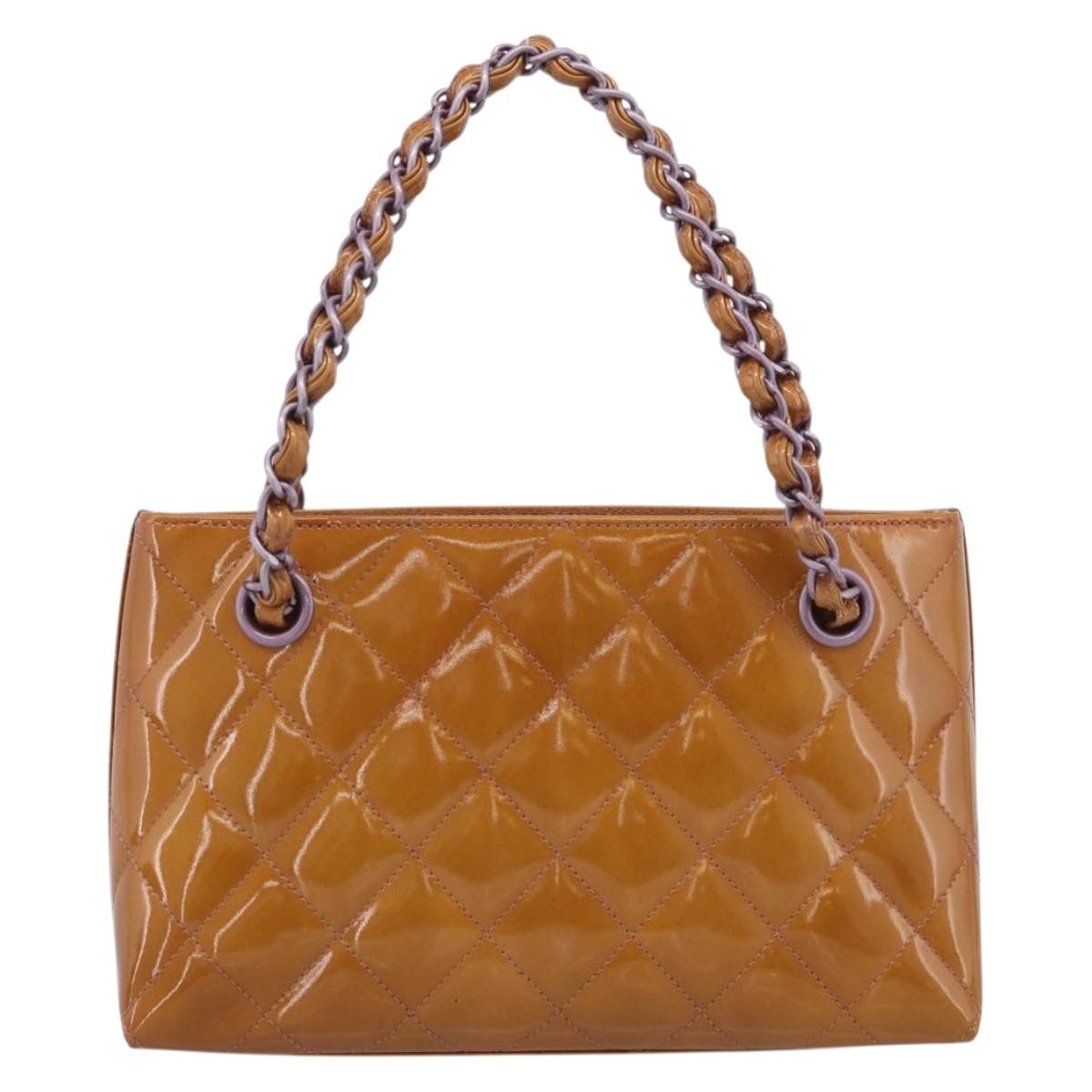 CHANEL Matelasse Chain Hand Bag Patent leather Beige Purple CC Auth 211338A