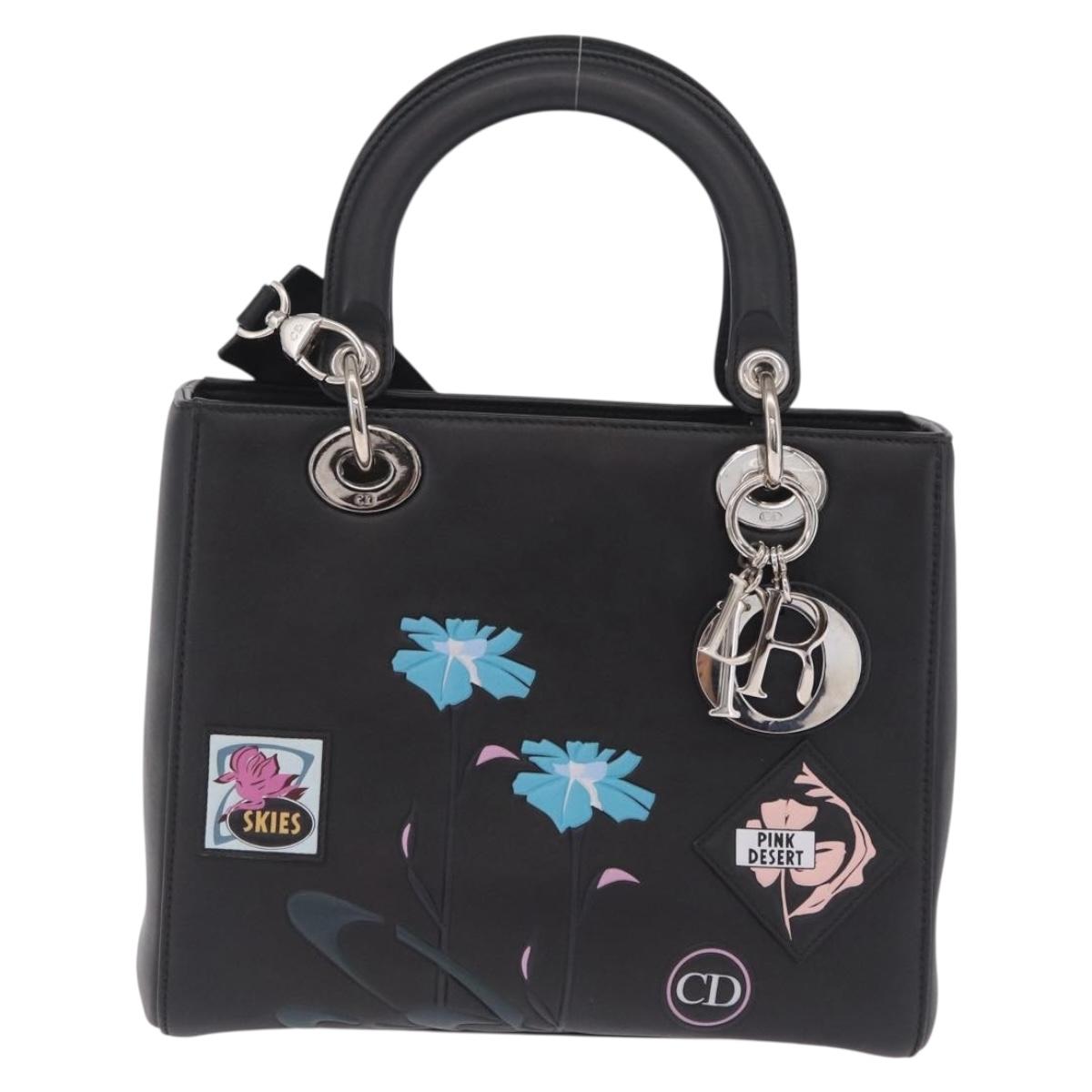 Christian Dior Lady Dior Hand Bag Leather 2way Black Silver Auth 211343SAM