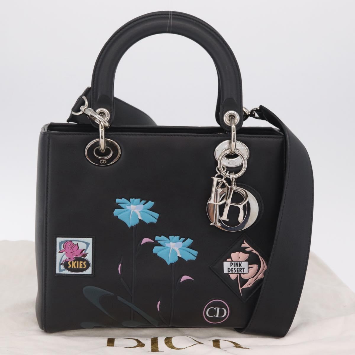 Christian Dior Lady Dior Hand Bag Leather 2way Black Silver Auth 211343SAM