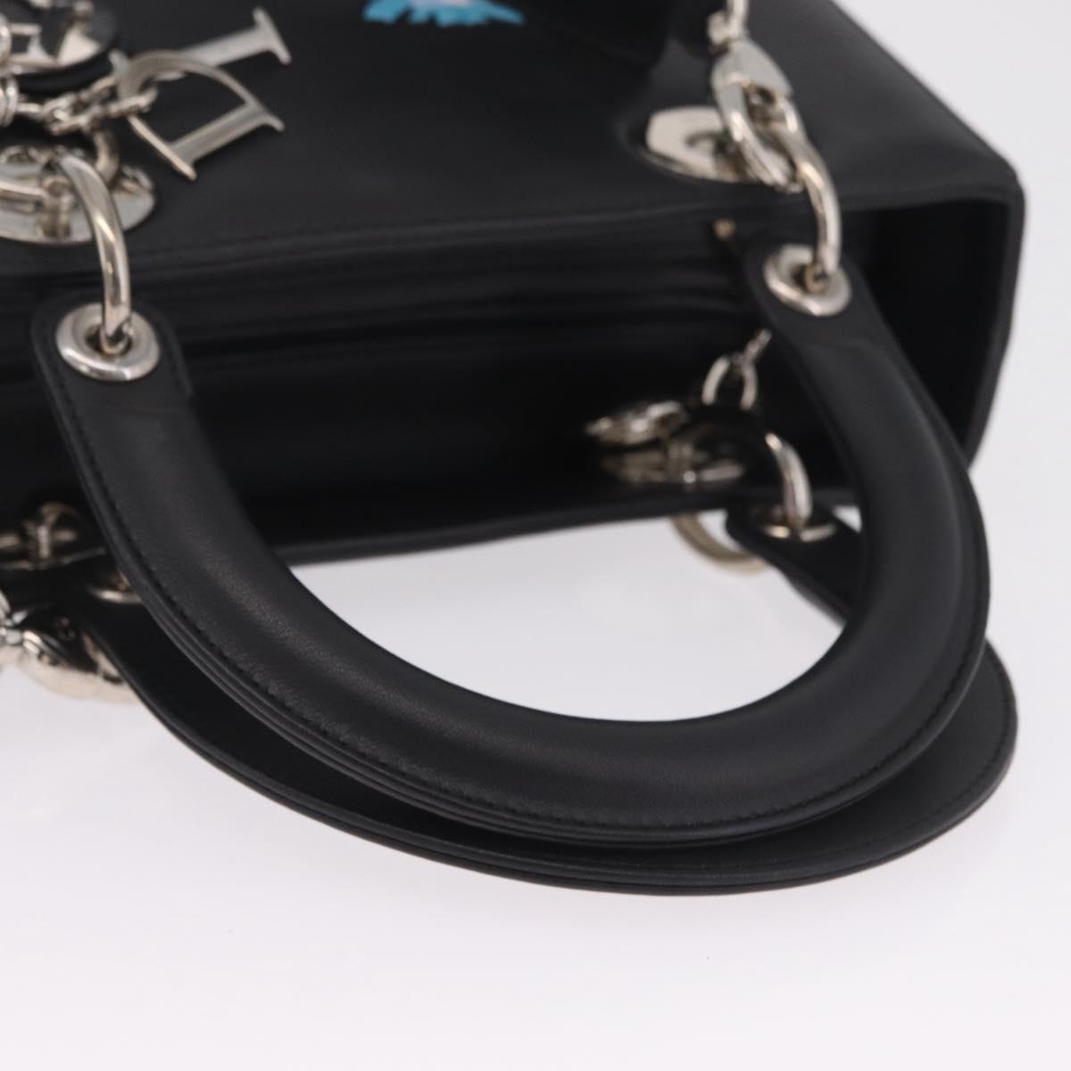 Christian Dior Lady Dior Hand Bag Leather 2way Black Silver Auth 211343SAM