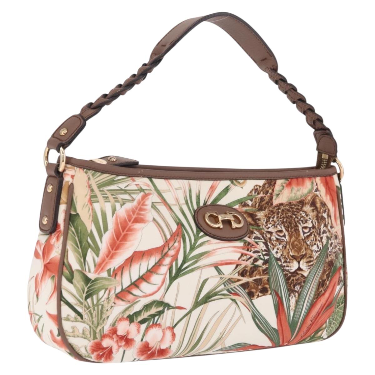 Salvatore Ferragamo Gancini Shoulder Bag Nylon Beige Gold Tone Auth 211464V
