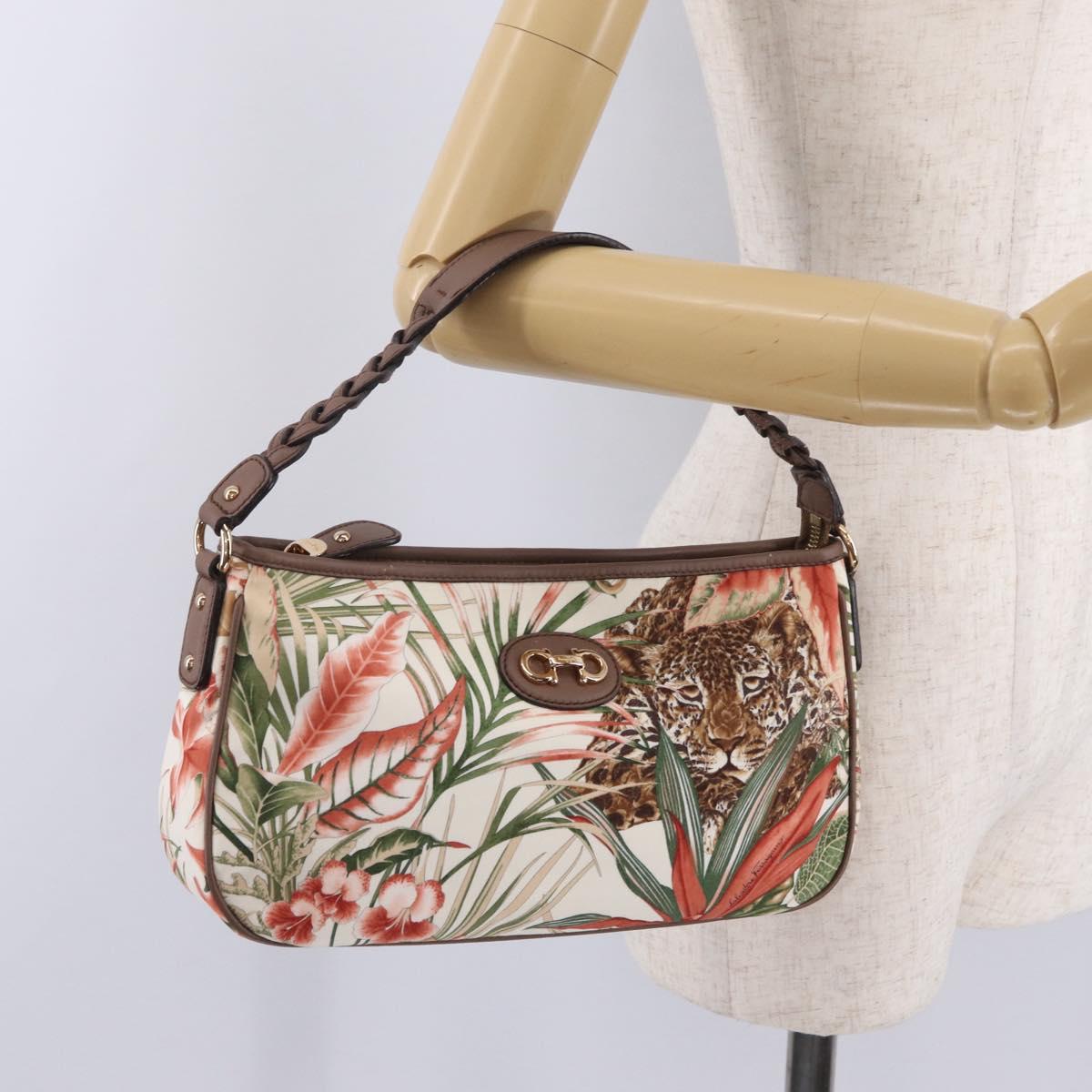 Salvatore Ferragamo Gancini Shoulder Bag Nylon Beige Gold Tone Auth 211464V