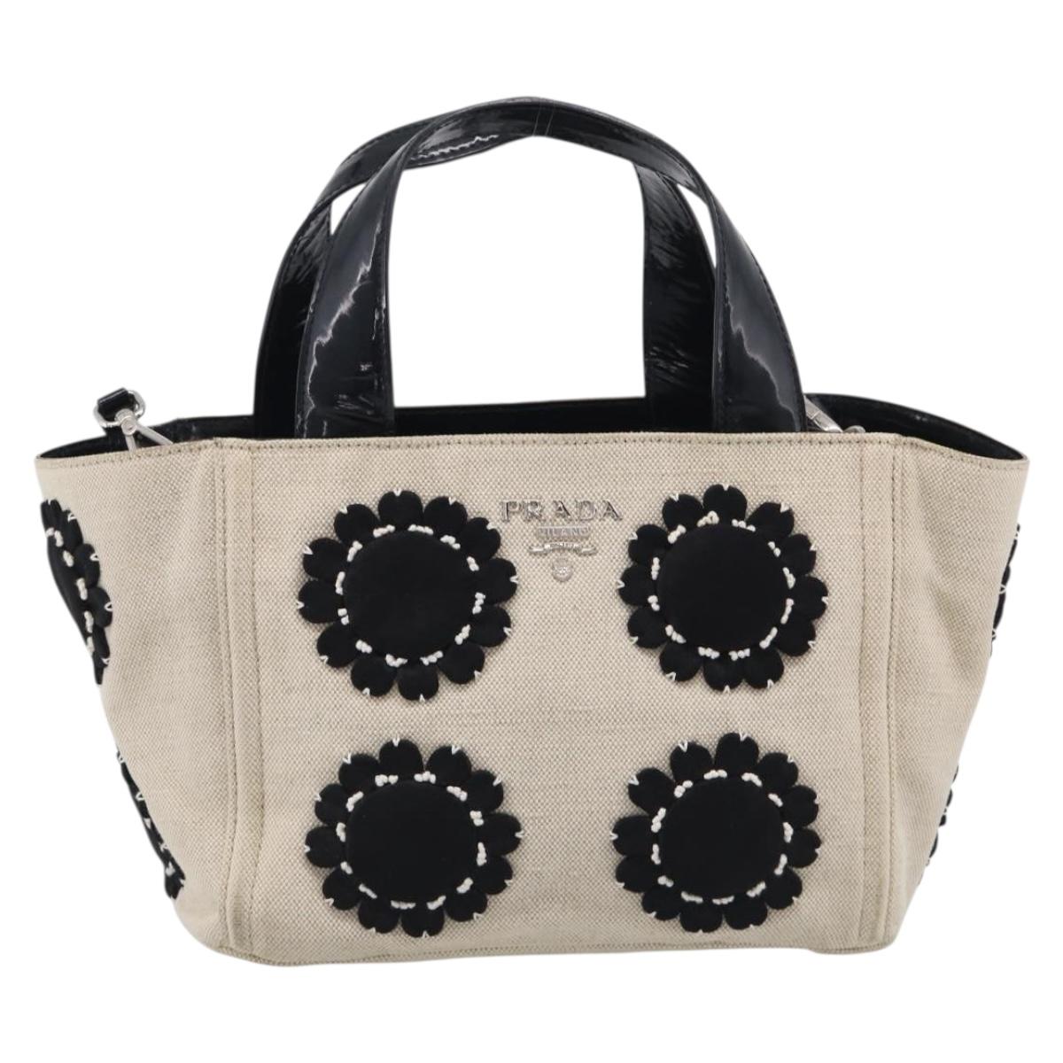 PRADA Hand Bag Canvas Denim 2way Beige Silver Auth 211465A