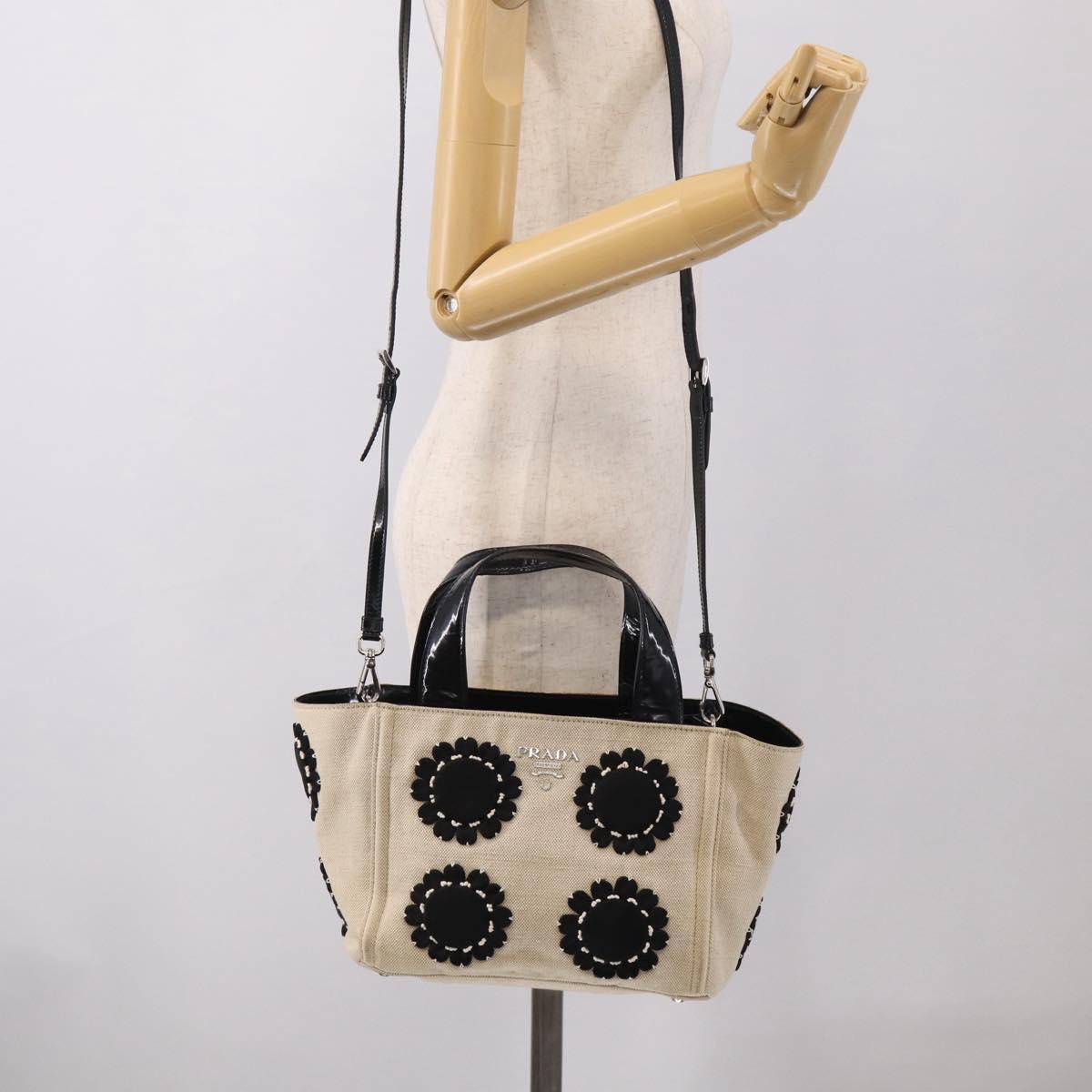 PRADA Hand Bag Canvas Denim 2way Beige Silver Auth 211465A