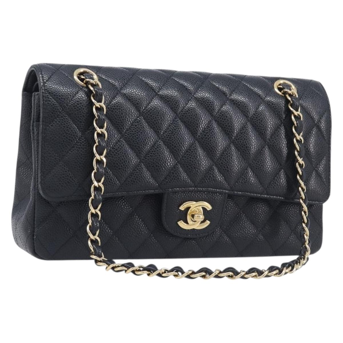 CHANEL Matelasse 25 Chain Shoulder Bag Caviar Skin Black Gold CC Auth 211485SAM