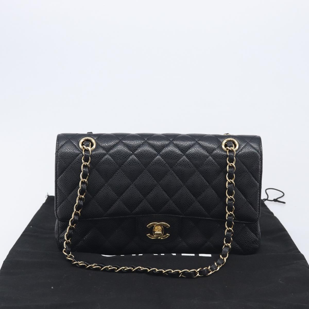 CHANEL Matelasse 25 Chain Shoulder Bag Caviar Skin Black Gold CC Auth 211485SAM