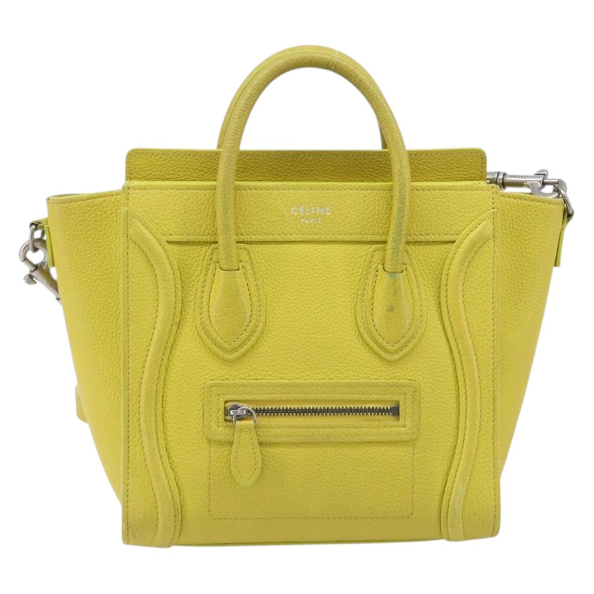 CELINE Luggage Nano Shopper Hand Bag Leather 2way Yellow Silver Auth 211487A