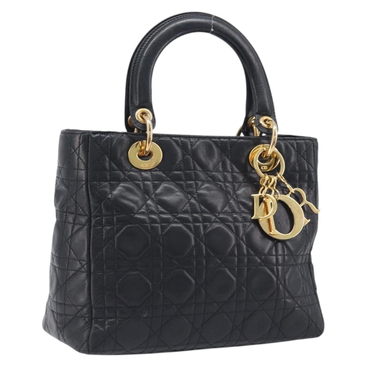 Christian Dior Canage Lady Dior Hand Bag Lamb Skin Black Gold Tone Auth 211495V