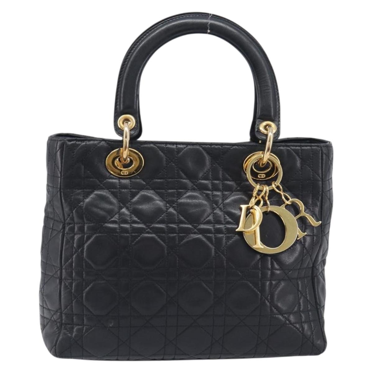 Christian Dior Canage Lady Dior Hand Bag Lamb Skin Black Gold Tone Auth 211495V