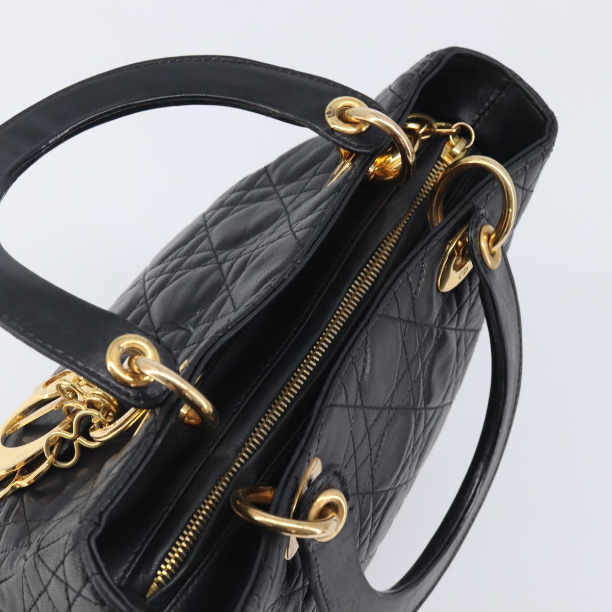 Christian Dior Canage Lady Dior Hand Bag Lamb Skin Black Gold Tone Auth 211495V