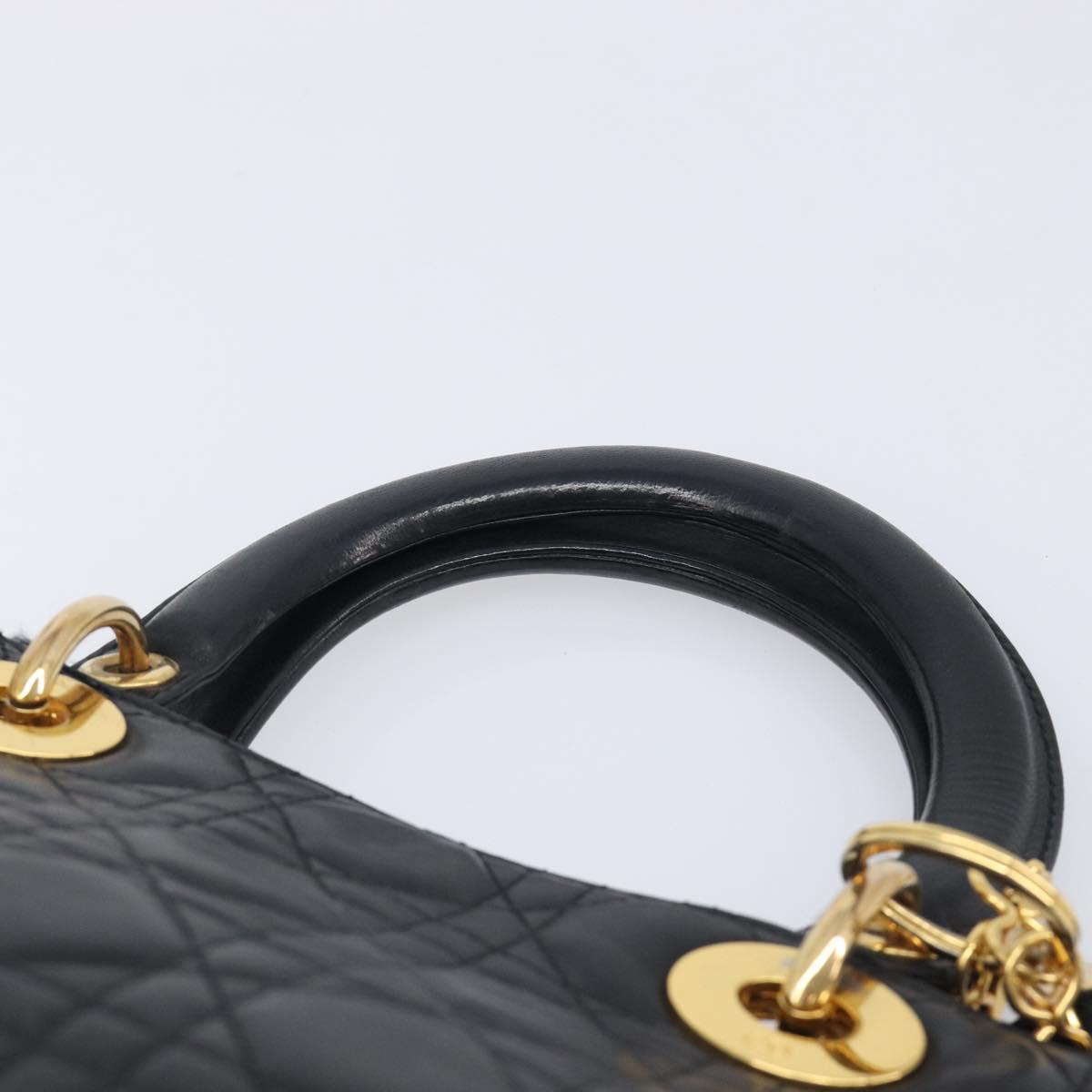 Christian Dior Canage Lady Dior Hand Bag Lamb Skin Black Gold Tone Auth 211495V
