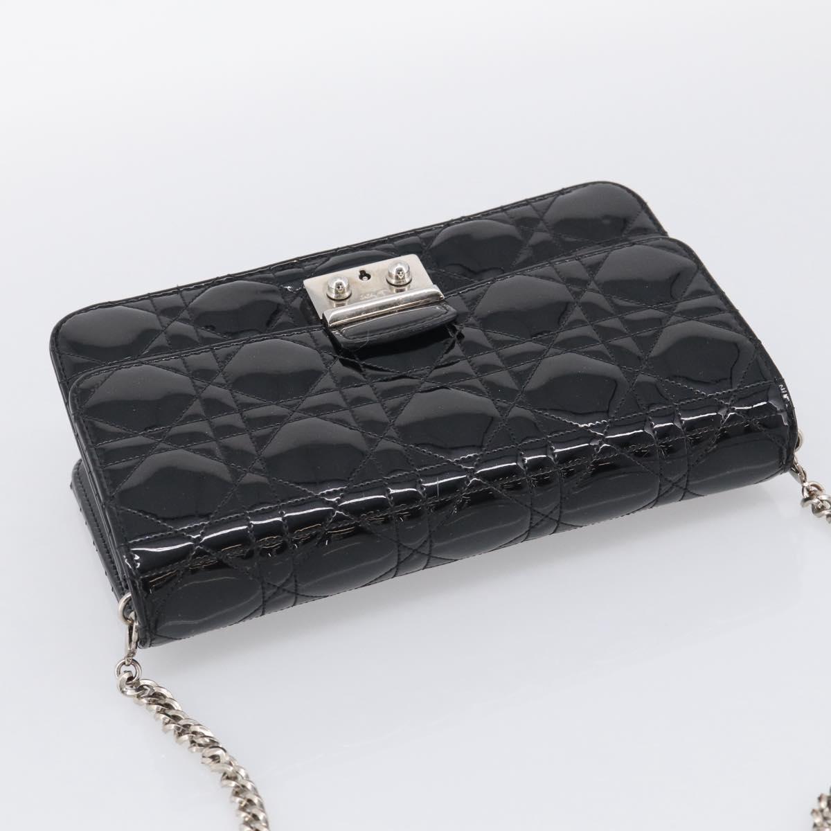 Christian Dior Canage Chain Shoulder Bag patent Black Silver Auth 211498V