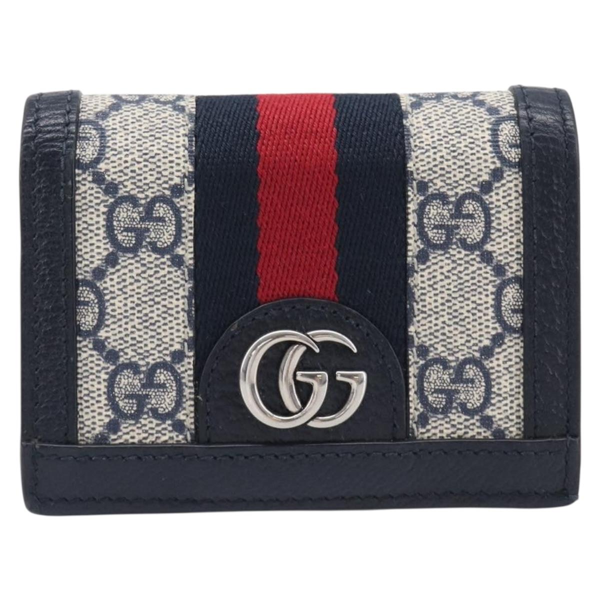 GUCCI GG Supreme Ophidia Sherry Line Wallet PVC Navy Silver 523155 Auth 211508V