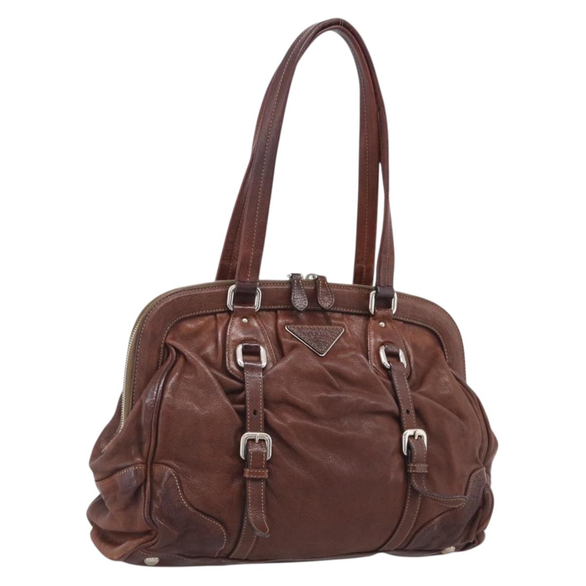 PRADA Tote Bag Leather Brown Silver Auth 211514V