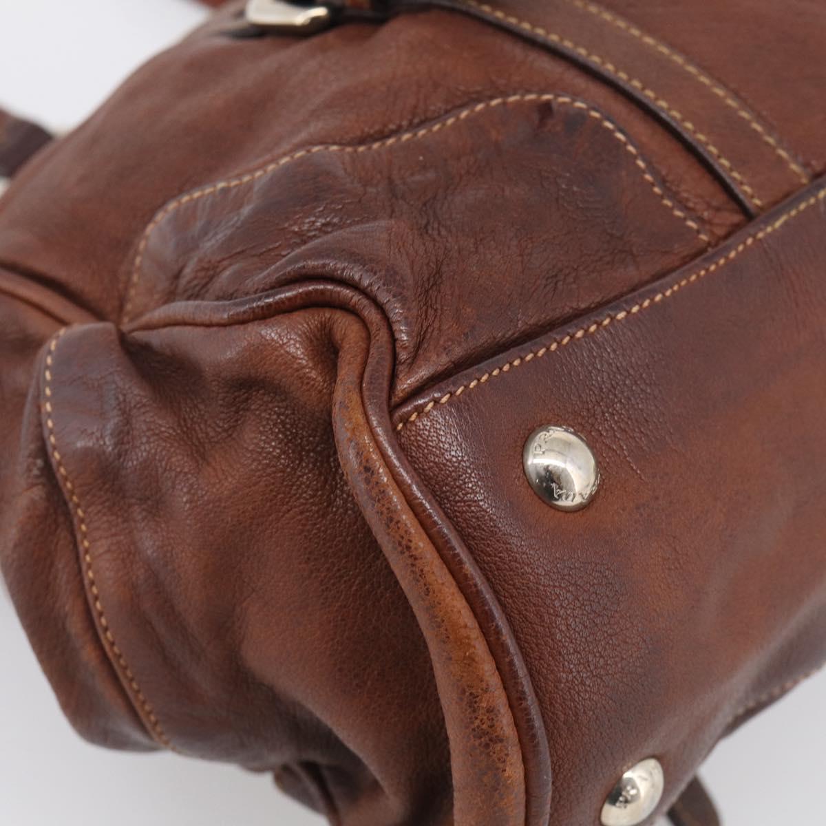 PRADA Tote Bag Leather Brown Silver Auth 211514V