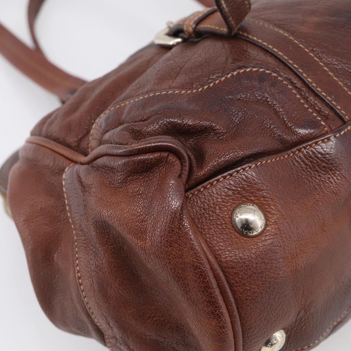 PRADA Tote Bag Leather Brown Silver Auth 211514V