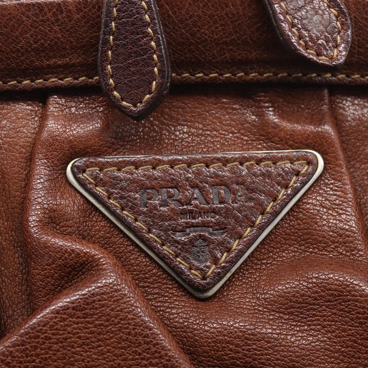 PRADA Tote Bag Leather Brown Silver Auth 211514V