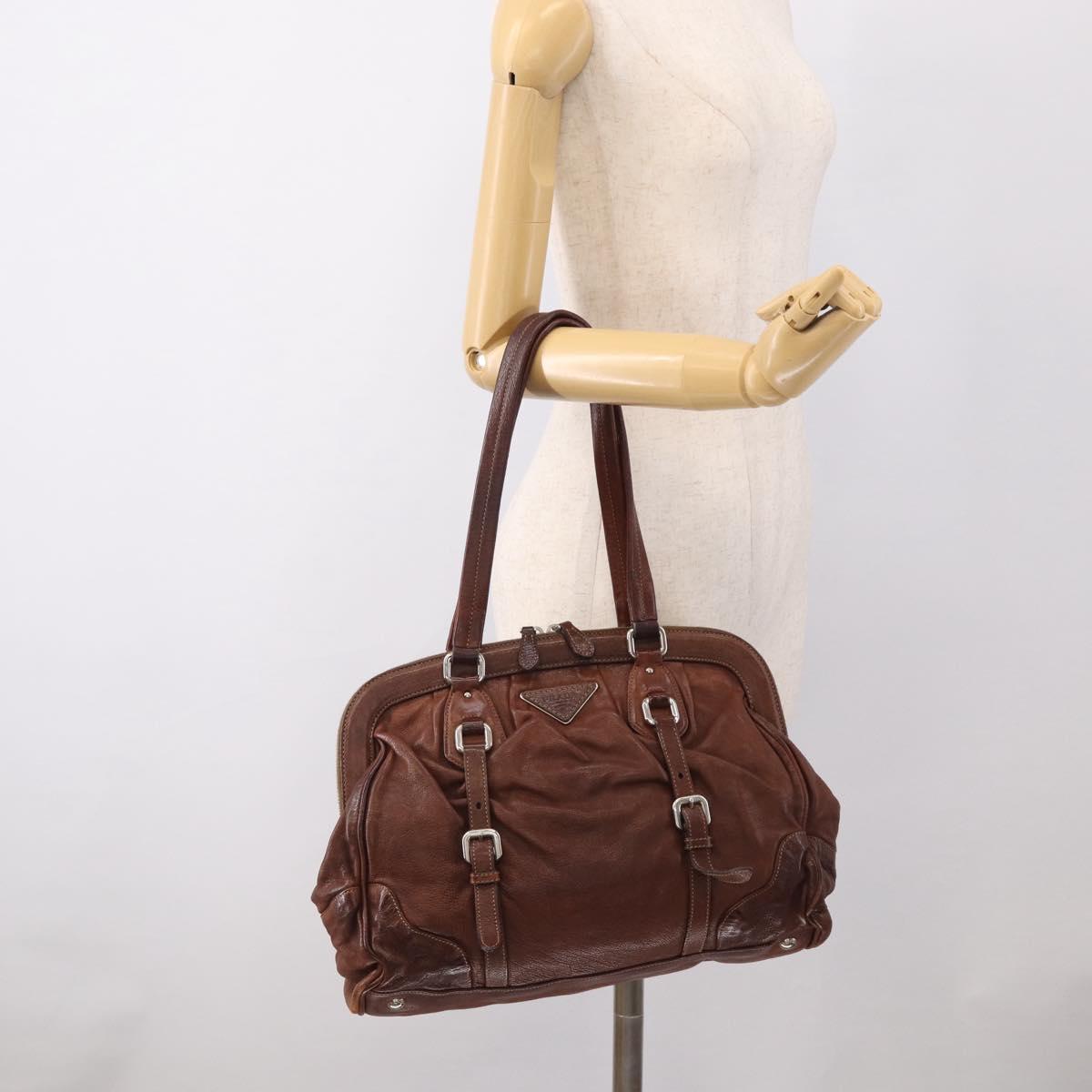 PRADA Tote Bag Leather Brown Silver Auth 211514V