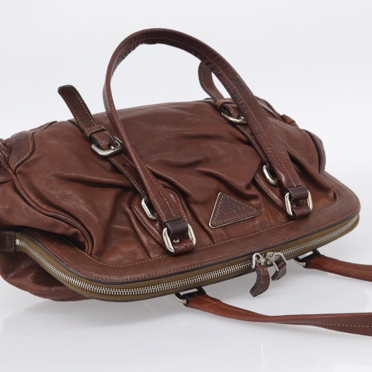 PRADA Tote Bag Leather Brown Silver Auth 211514V