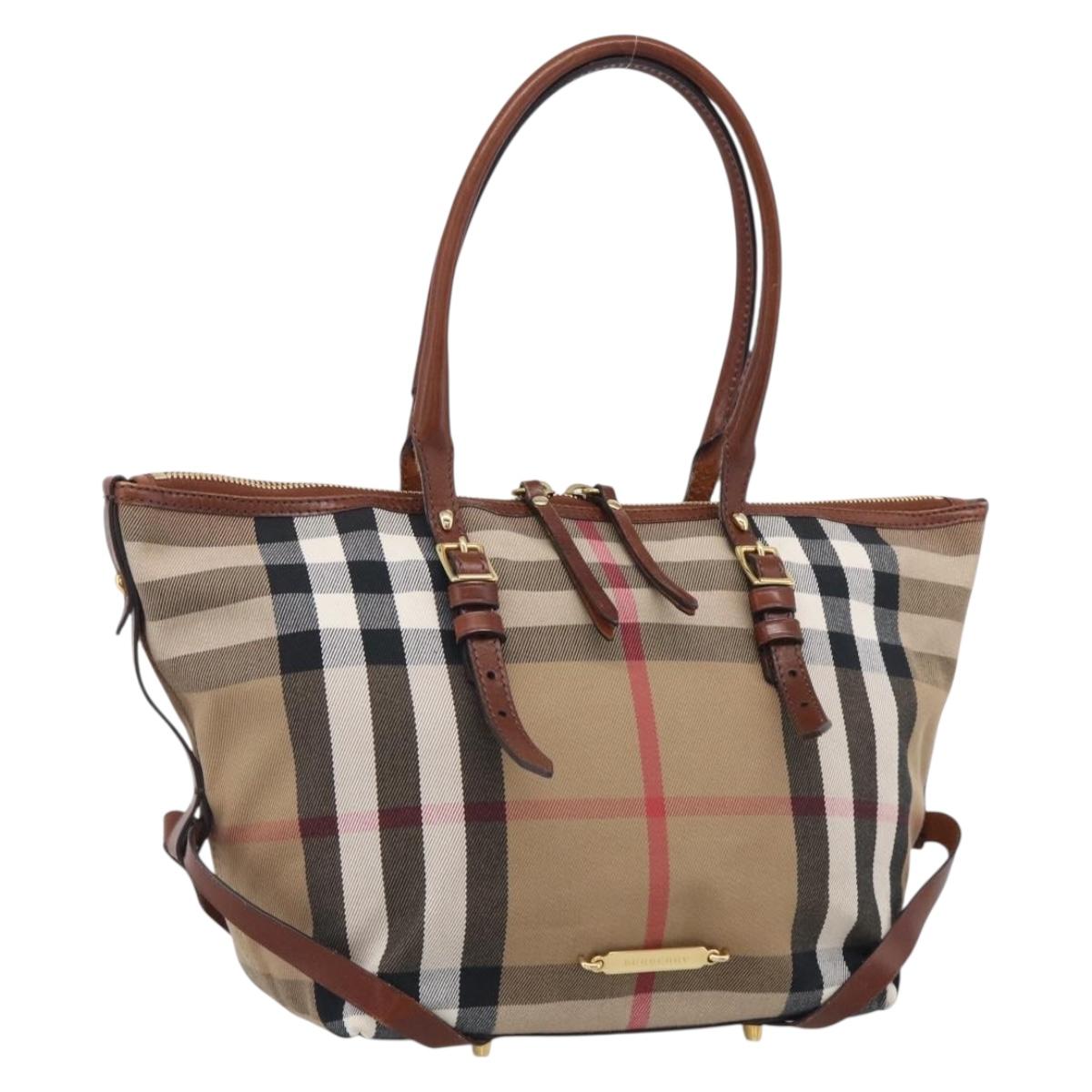 BURBERRY Nova Check Tote Bag Canvas Beige Gold Tone Auth 211518V