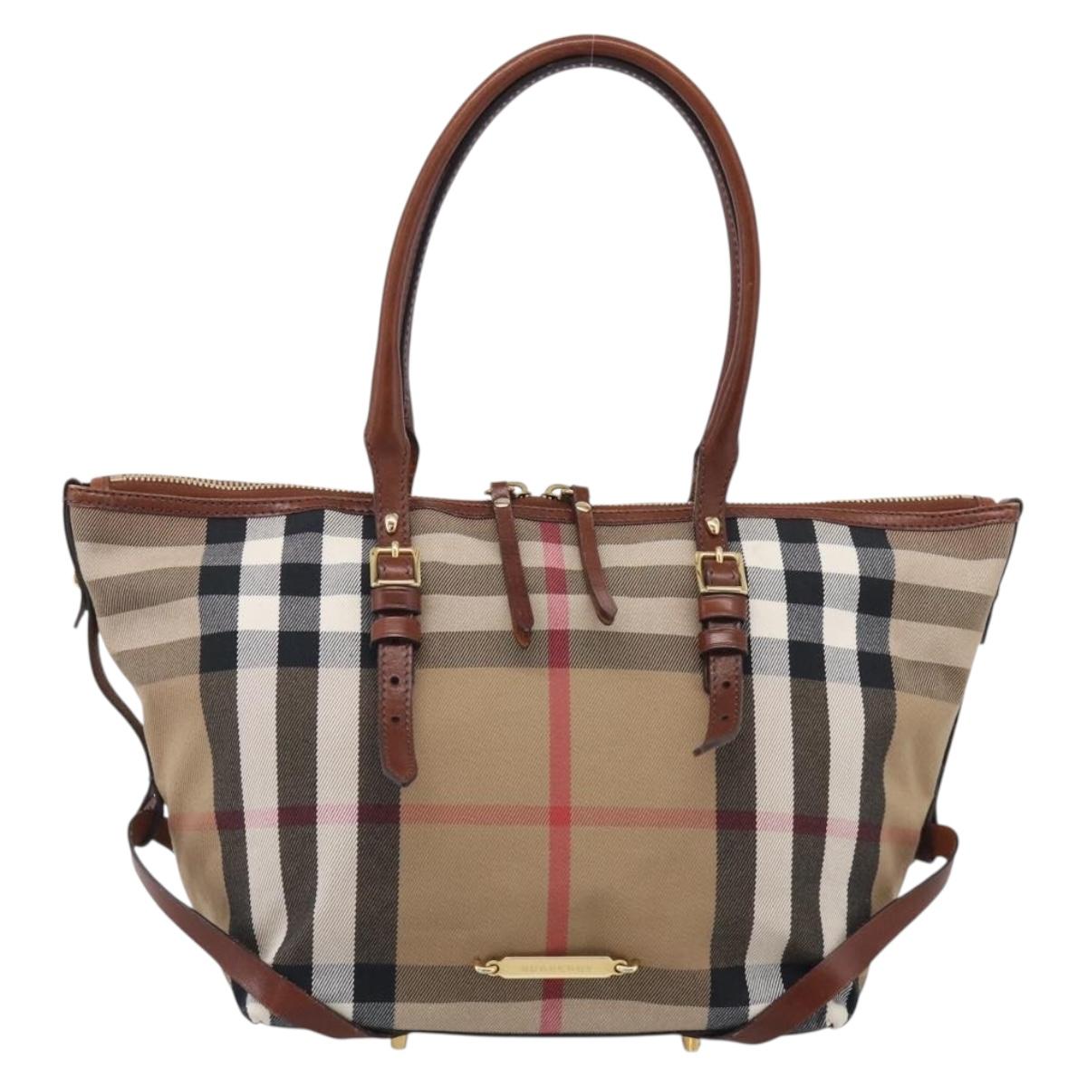 BURBERRY Nova Check Tote Bag Canvas Beige Gold Tone Auth 211518V