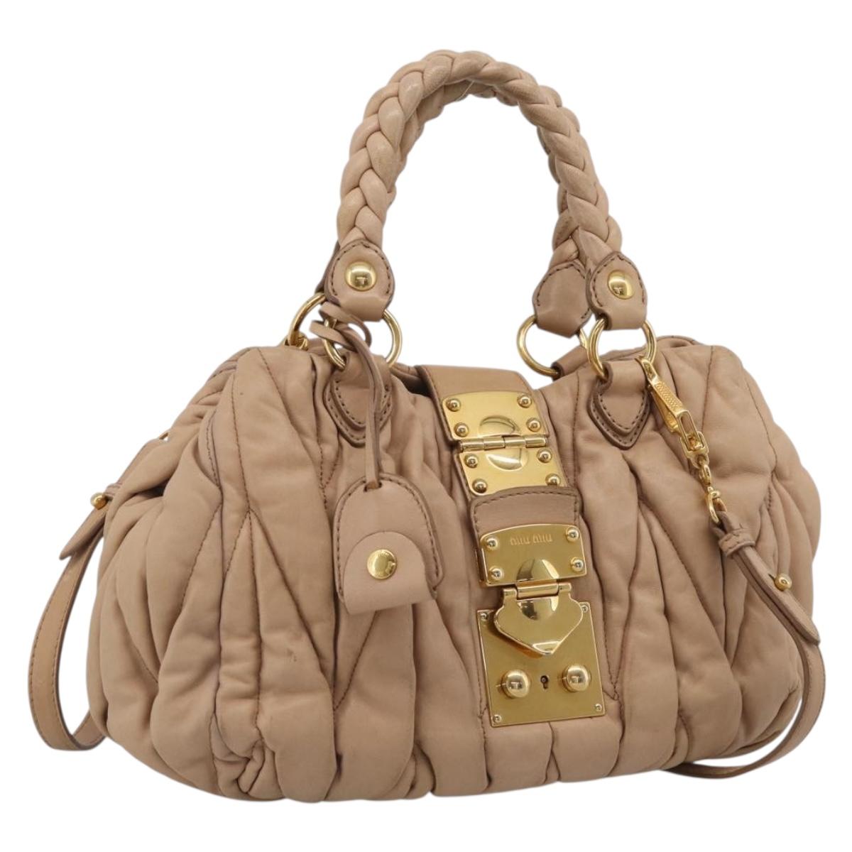 Miu Miu Matelasse Hand Bag Leather 2way Beige Gold Tone Auth 211519V