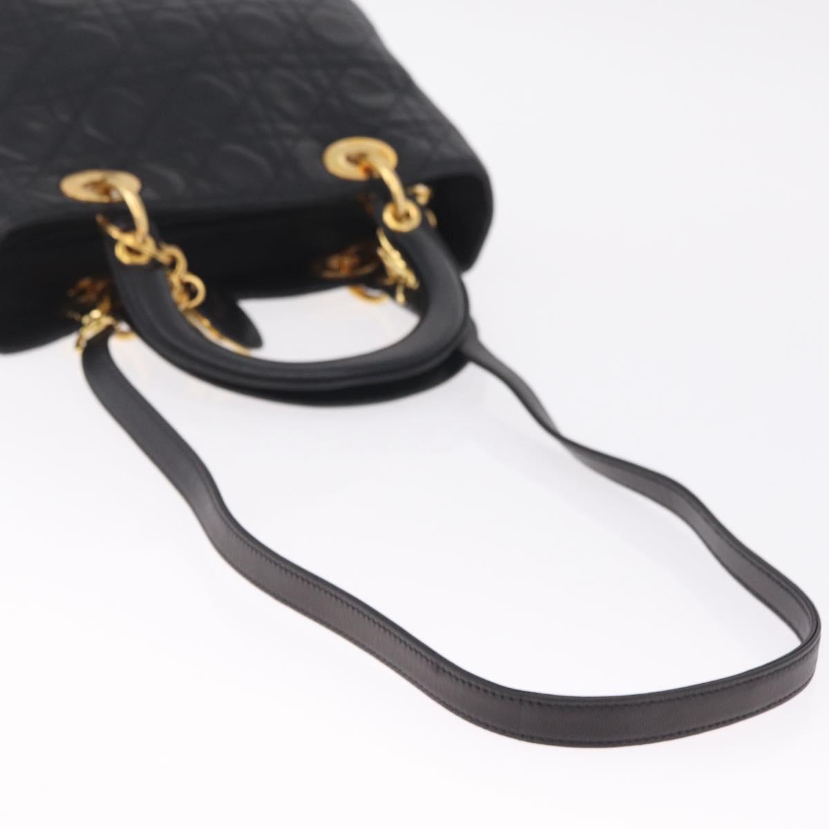 Christian Dior Canage Lady Dior Hand Bag Lamb Skin 2way Black Gold Auth 211553V
