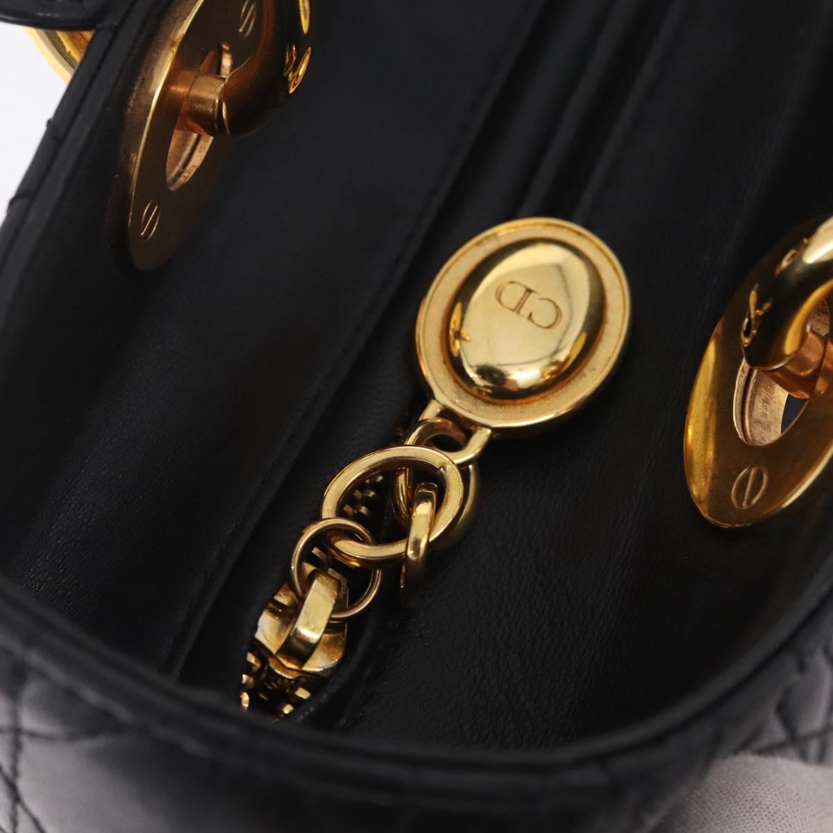 Christian Dior Canage Lady Dior Hand Bag Lamb Skin 2way Black Gold Auth 211553V
